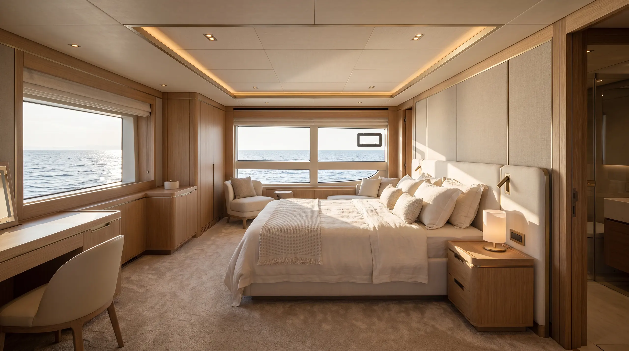 Full-beam VIP suite in morning light: a king bed in cream linen beside wide hull windows just above the water, an oak dressing table and chair on the left, a lounge chair by the far window.