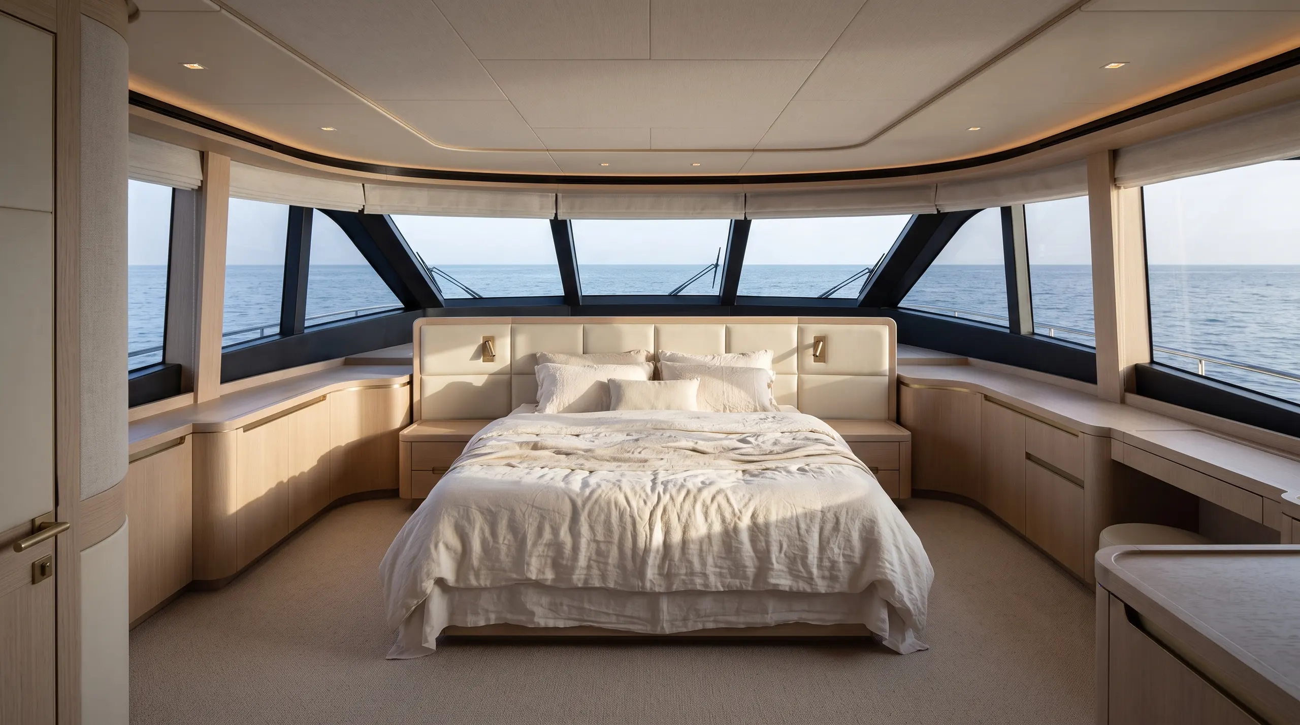 Owner's suite in morning light: a king bed in cream linen against a padded cream headboard, beneath a curved band of bow windows that wraps the room, pale oak cabinetry down both sides and a calm sea all around.
